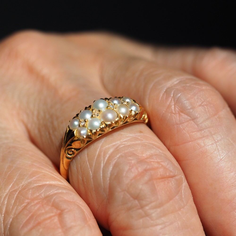 Antique Victorian 18ct Gold Pearl & Diamond Ring with Two Rows - c.1880 View XII