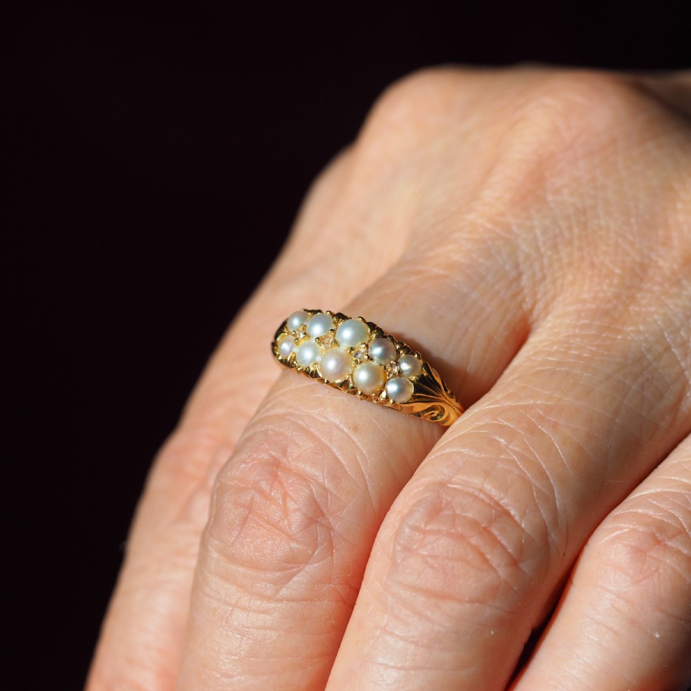 Antique Victorian 18ct Gold Pearl & Diamond Ring with Two Rows - c.1880 View XIII
