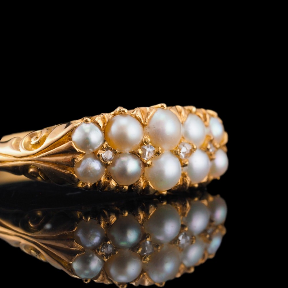 Antique Victorian 18ct Gold Pearl & Diamond Ring with Two Rows - c.1880 View XIV