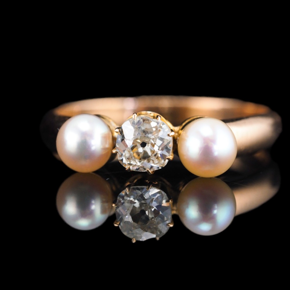 Antique Victorian Diamond and Pearl Ring 15ct Gold Trilogy Design - c.1890