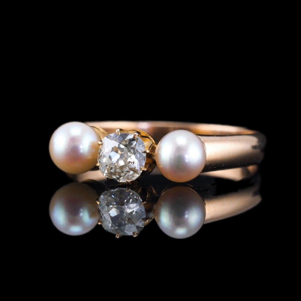 Antique Victorian Diamond and Pearl Ring 15ct Gold Trilogy Design - c.1890 View II