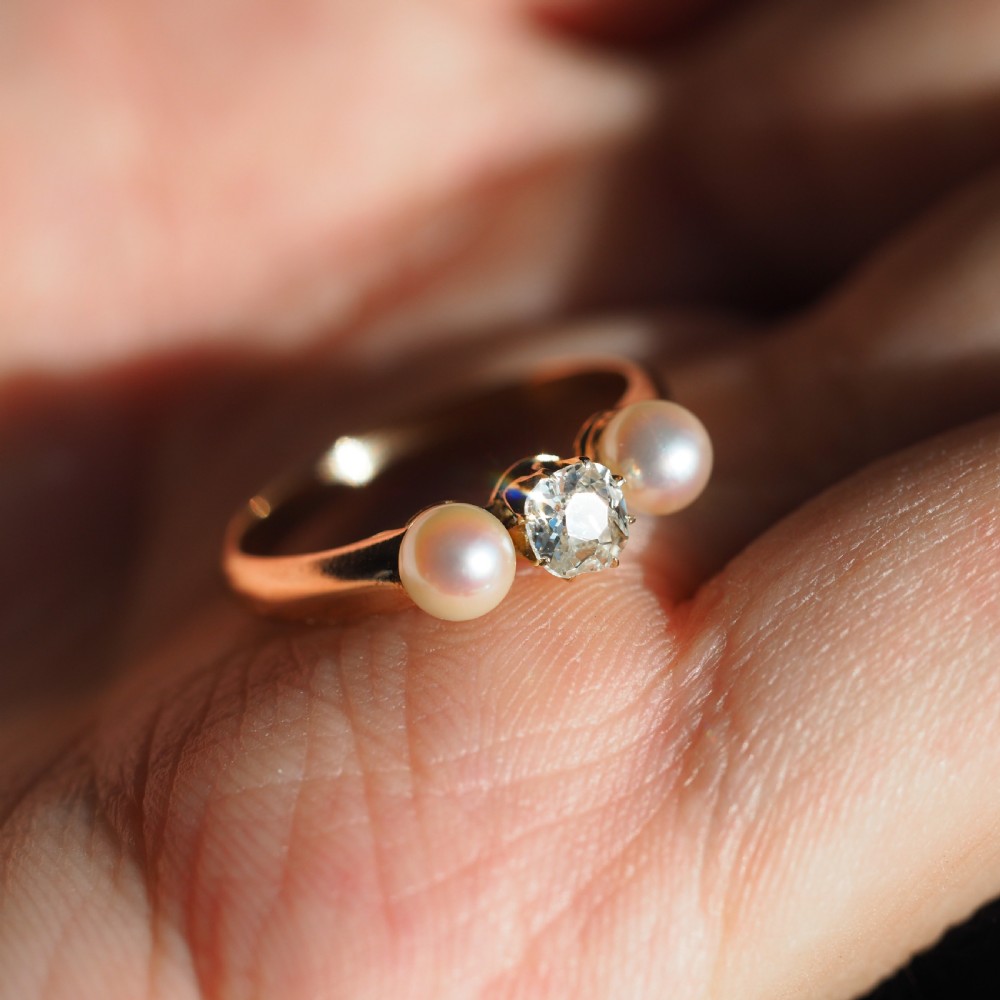 Antique Victorian Diamond and Pearl Ring 15ct Gold Trilogy Design - c.1890 View VI