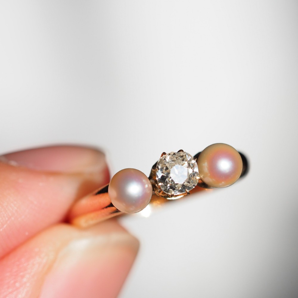 Antique Victorian Diamond and Pearl Ring 15ct Gold Trilogy Design - c.1890 View VII