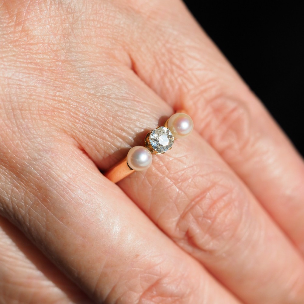Antique Victorian Diamond and Pearl Ring 15ct Gold Trilogy Design - c.1890 View IX