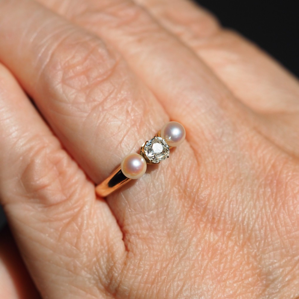 Antique Victorian Diamond and Pearl Ring 15ct Gold Trilogy Design - c.1890 View X