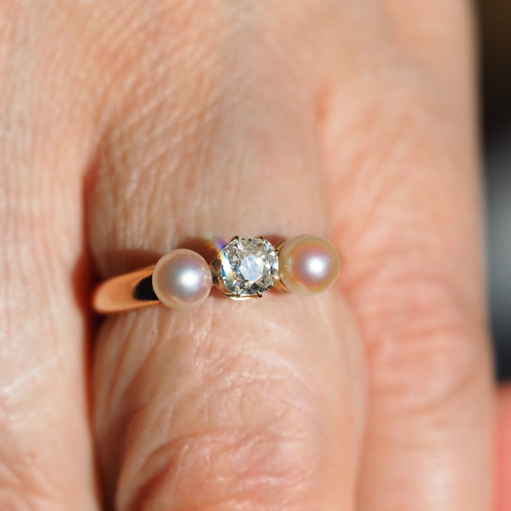 Antique Victorian Diamond and Pearl Ring 15ct Gold Trilogy Design - c.1890 View XI