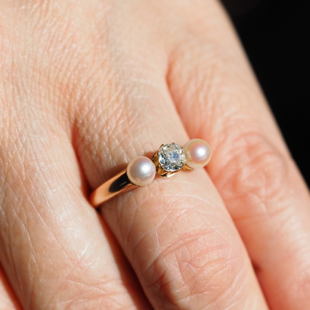 Antique Victorian Diamond and Pearl Ring 15ct Gold Trilogy Design - c.1890 View XII
