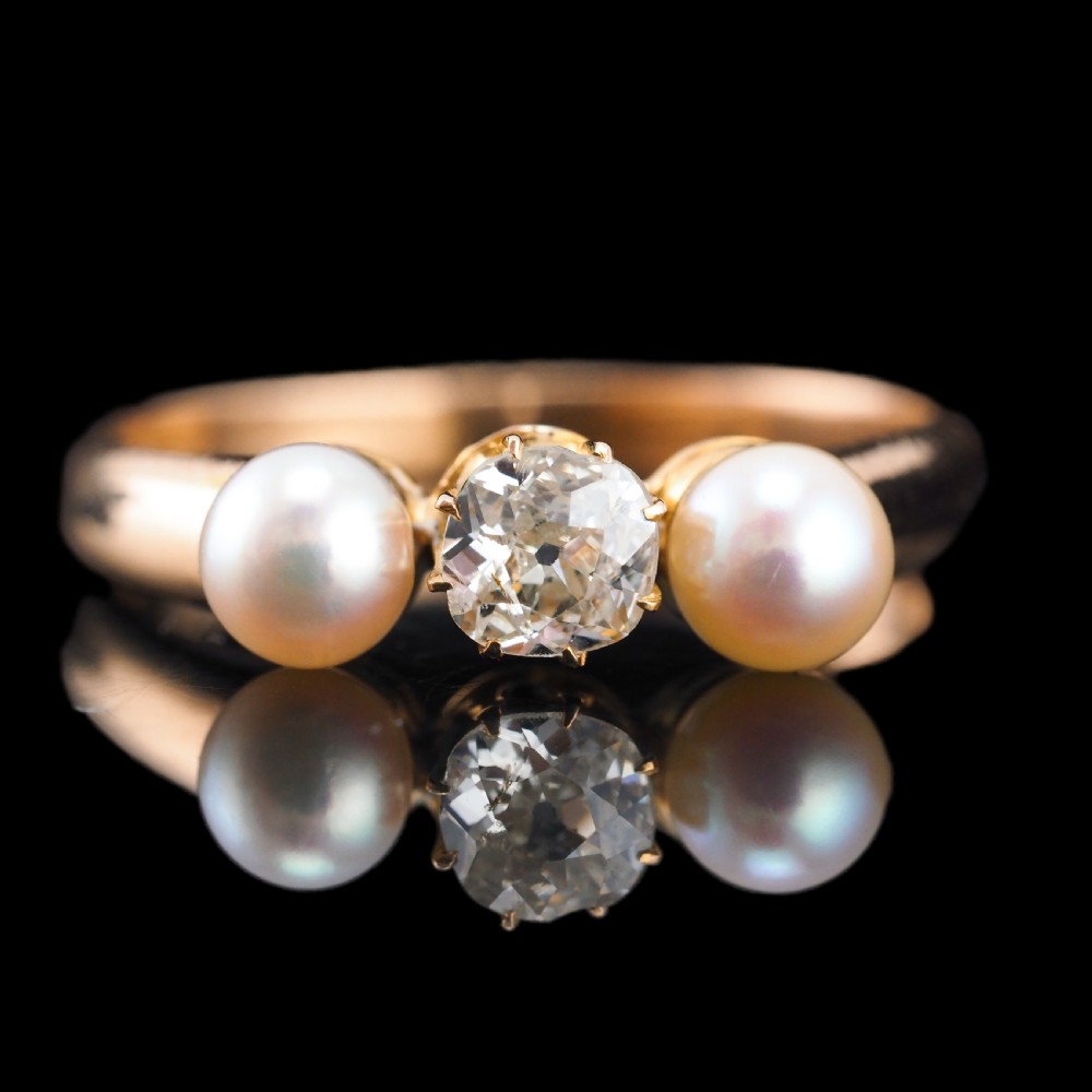 Antique Victorian Diamond and Pearl Ring 15ct Gold Trilogy Design - c.1890 View XV