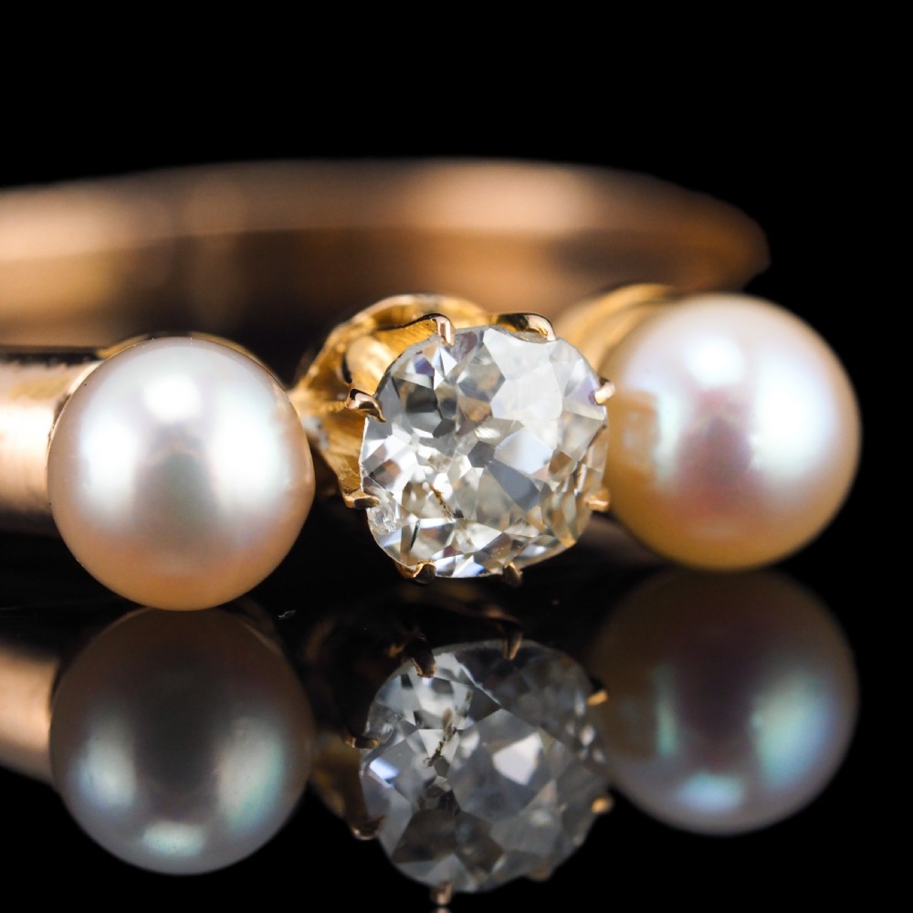 Antique Victorian Diamond and Pearl Ring 15ct Gold Trilogy Design - c.1890 View XVI