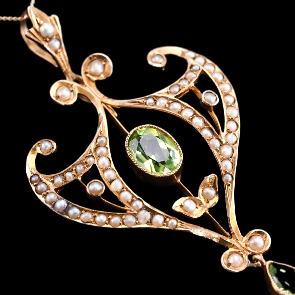 Antique Edwardian Peridot and Pearl Pendant Necklace 9ct Gold Art Nouveau c.1900 View II
