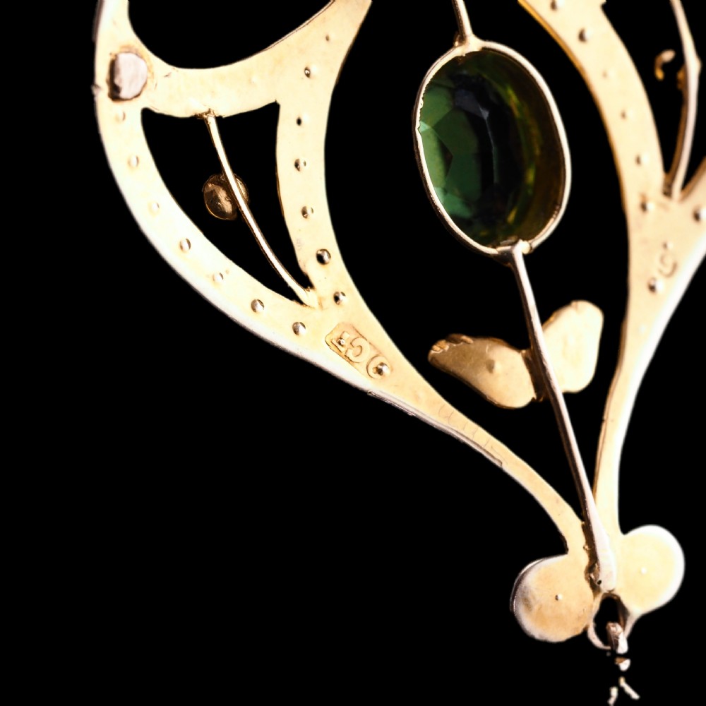 Antique Edwardian Peridot and Pearl Pendant Necklace 9ct Gold Art Nouveau c.1900 View V