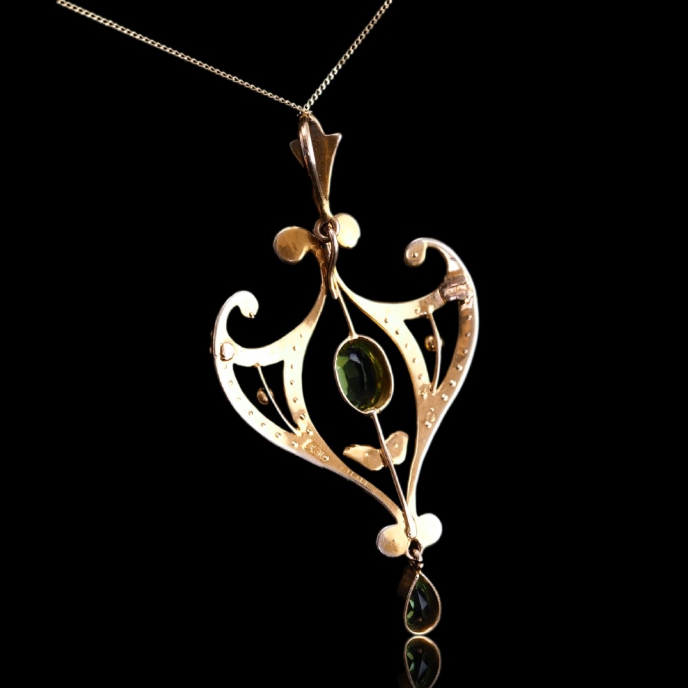 Antique Edwardian Peridot and Pearl Pendant Necklace 9ct Gold Art Nouveau c.1900 View VI