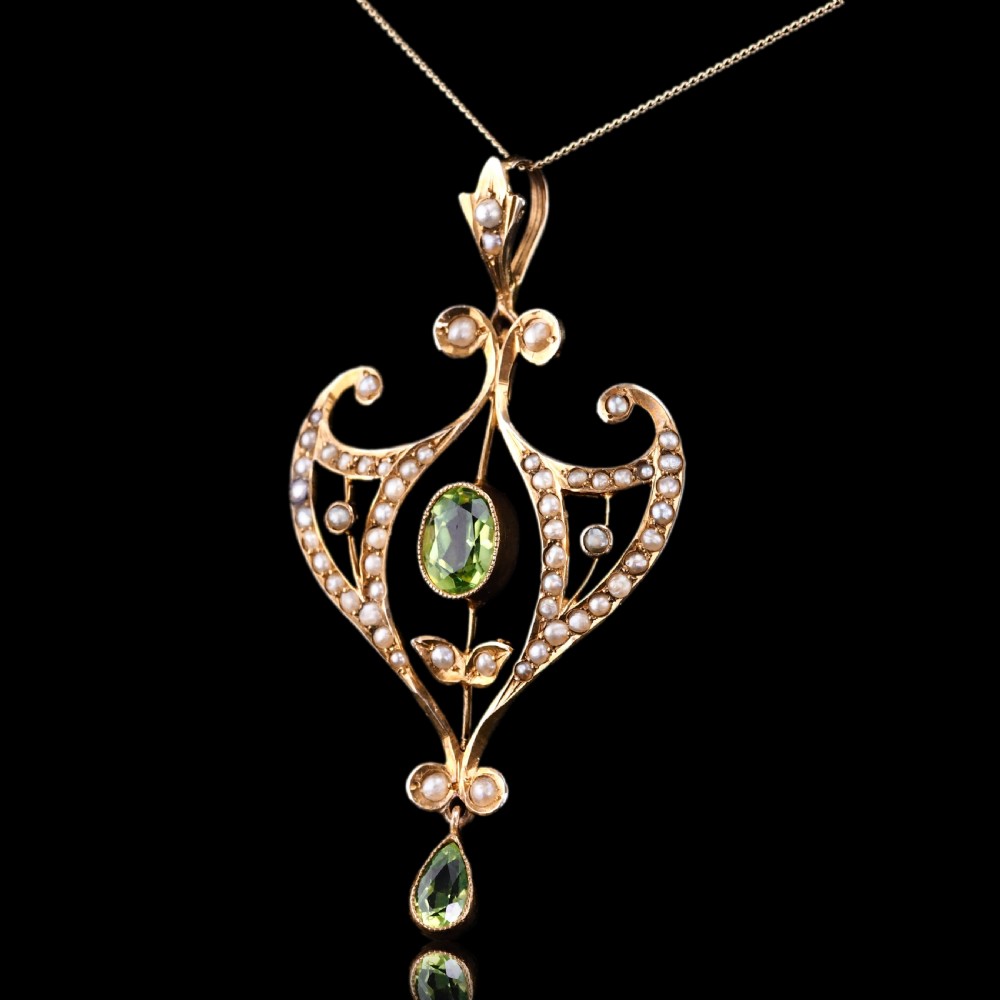 Antique Edwardian Peridot and Pearl Pendant Necklace 9ct Gold Art Nouveau c.1900 View IX