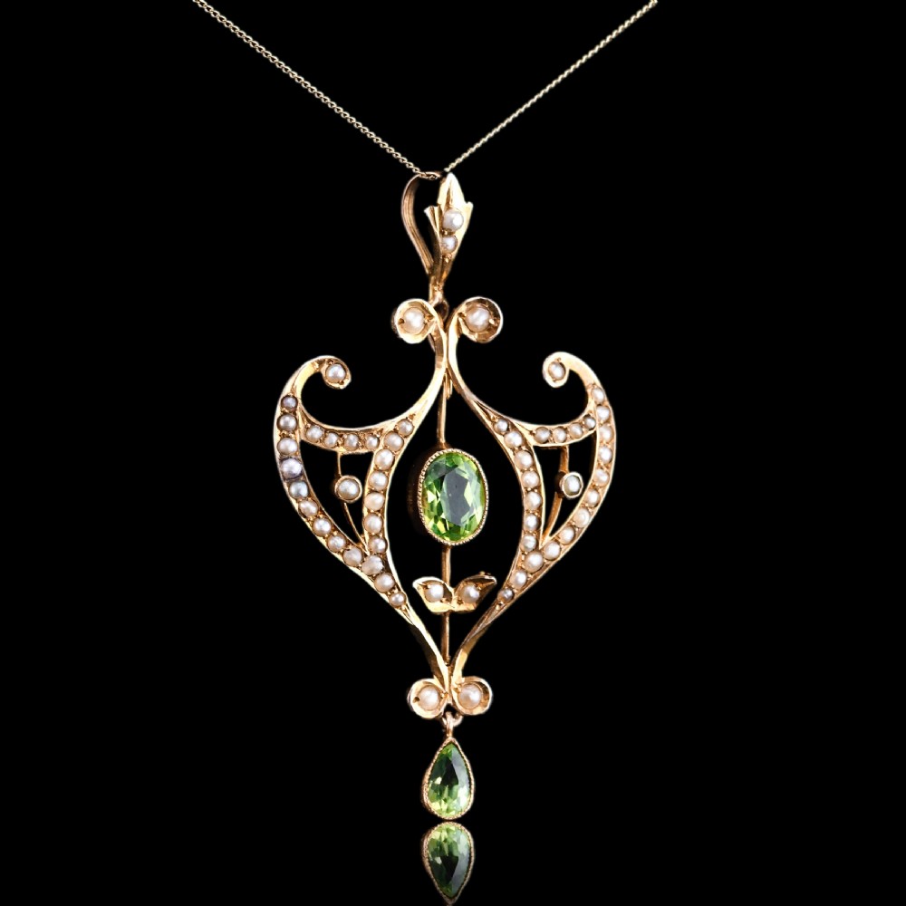 Antique Edwardian Peridot and Pearl Pendant Necklace 9ct Gold Art Nouveau c.1900 View X