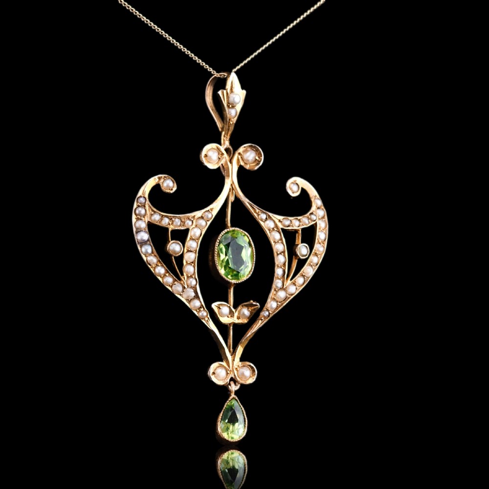 Antique Edwardian Peridot and Pearl Pendant Necklace 9ct Gold Art Nouveau c.1900 View XII