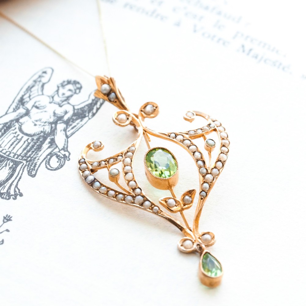 Antique Edwardian Peridot and Pearl Pendant Necklace 9ct Gold Art Nouveau c.1900 View XIII