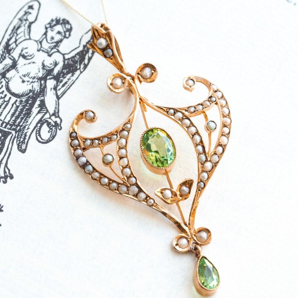 Antique Edwardian Peridot and Pearl Pendant Necklace 9ct Gold Art Nouveau c.1900 View XIV