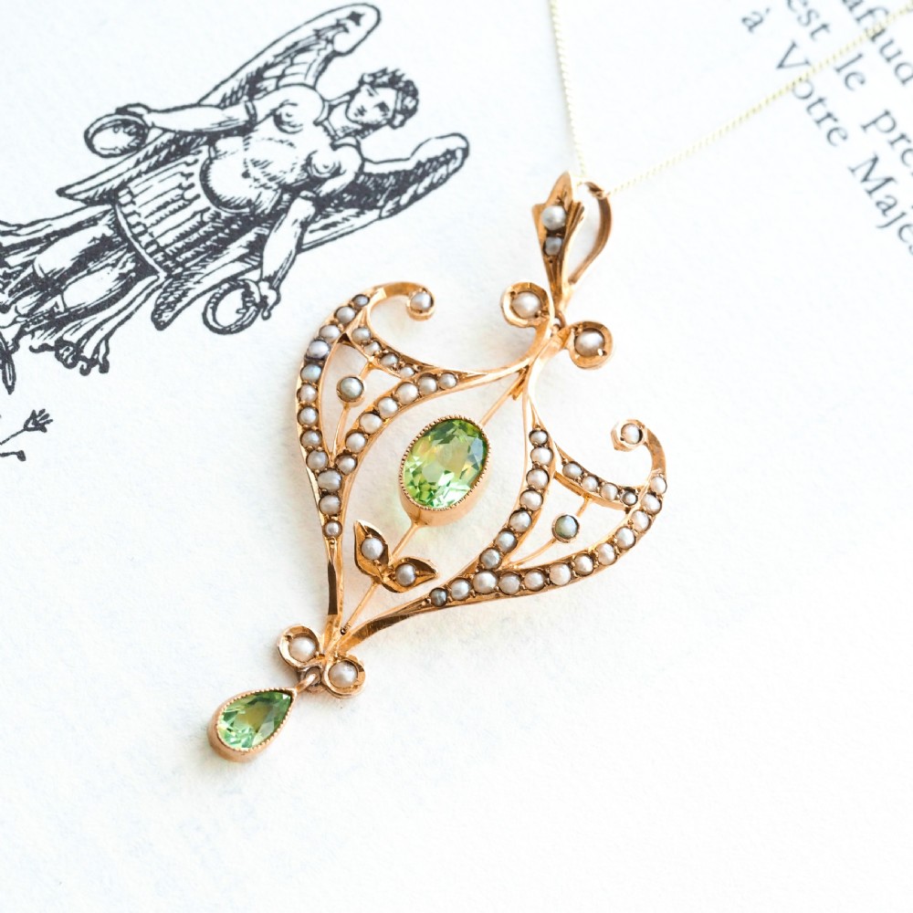 Antique Edwardian Peridot and Pearl Pendant Necklace 9ct Gold Art Nouveau c.1900 View XV