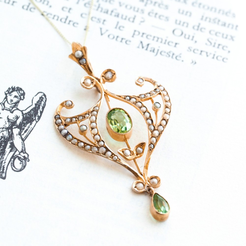 Antique Edwardian Peridot and Pearl Pendant Necklace 9ct Gold Art Nouveau c.1900 View XVI