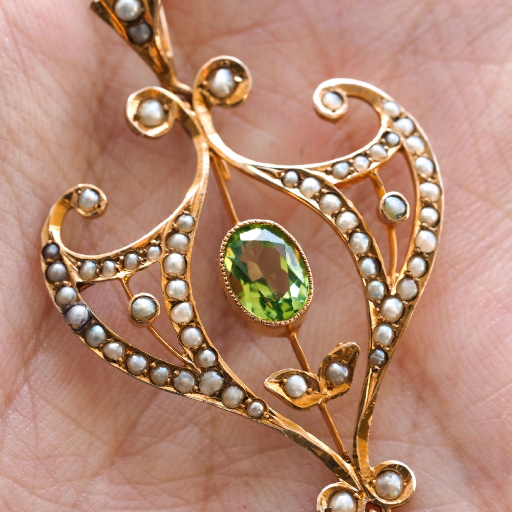 Antique Edwardian Peridot and Pearl Pendant Necklace 9ct Gold Art Nouveau c.1900 View XVIII