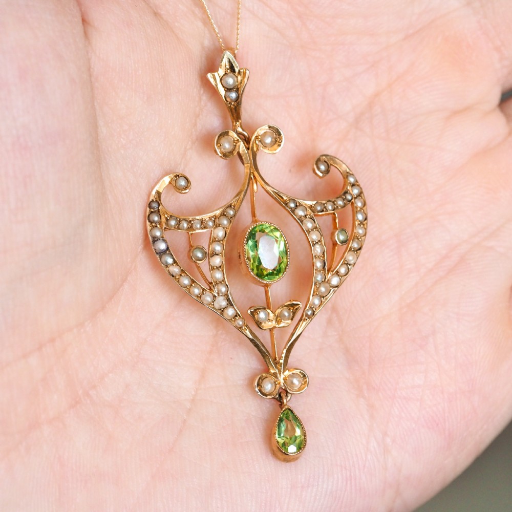 Antique Edwardian Peridot and Pearl Pendant Necklace 9ct Gold Art Nouveau c.1900 View XIX
