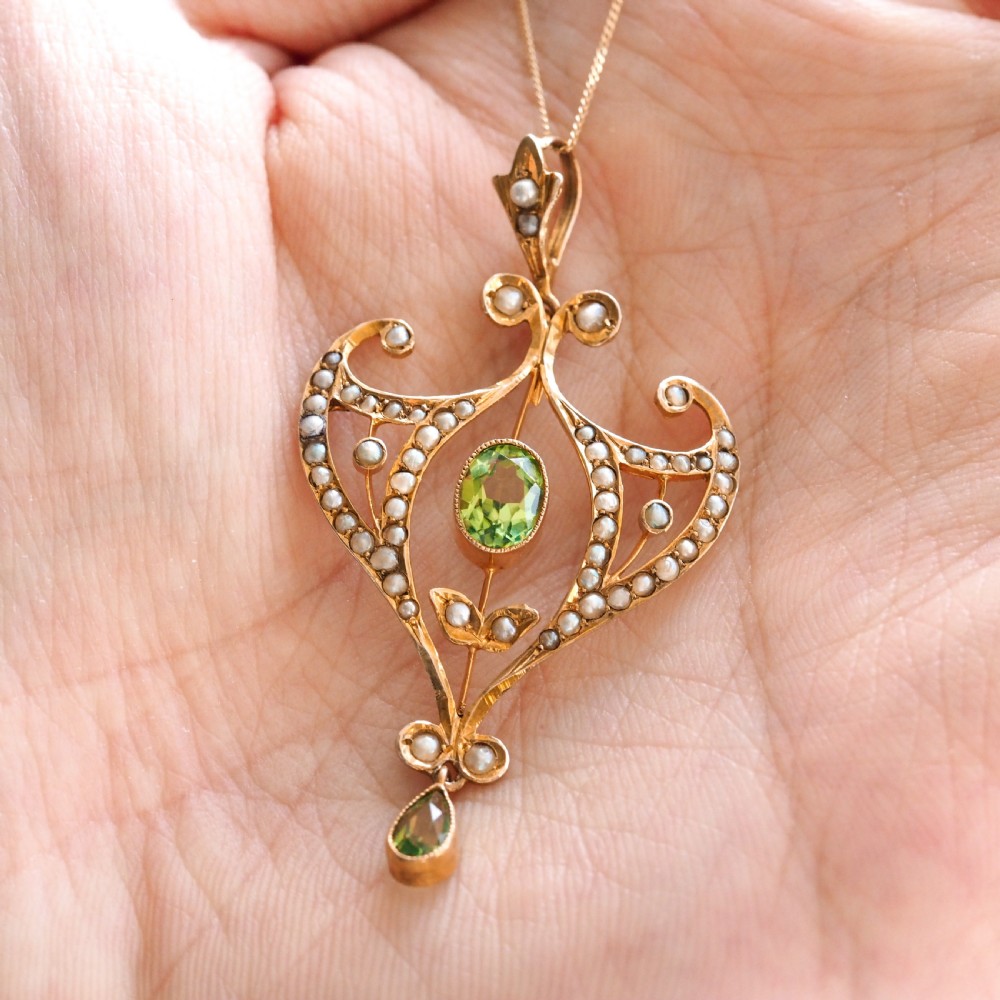 Antique Edwardian Peridot and Pearl Pendant Necklace 9ct Gold Art Nouveau c.1900 View XX