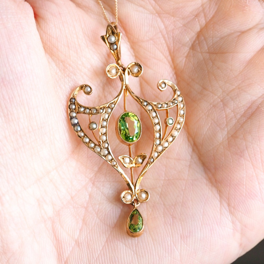 Antique Edwardian Peridot and Pearl Pendant Necklace 9ct Gold Art Nouveau c.1900 View XXI