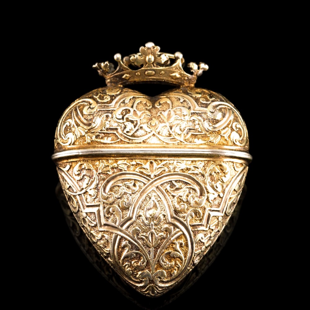 Antique Solid Silver Gilt Heart Shaped Box/Vinaigrette- 18th Century