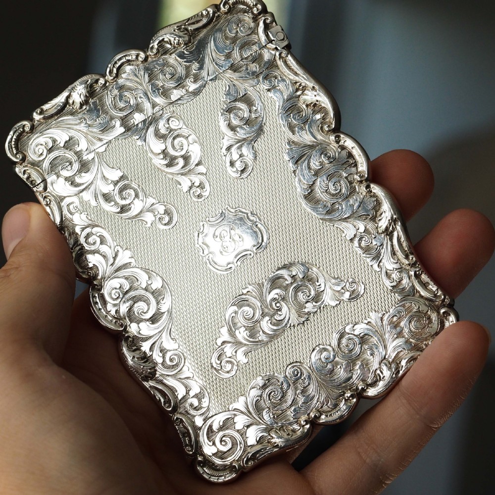 Antique Victorian Solid Silver Card Case Exquisite Engravings - 1844 View II