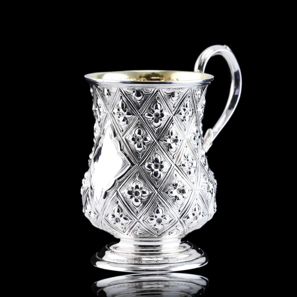 Antique Victorian Solid Silver Mug Abercorn/Pineapple Design - Martin Hall & Co 1868 View V