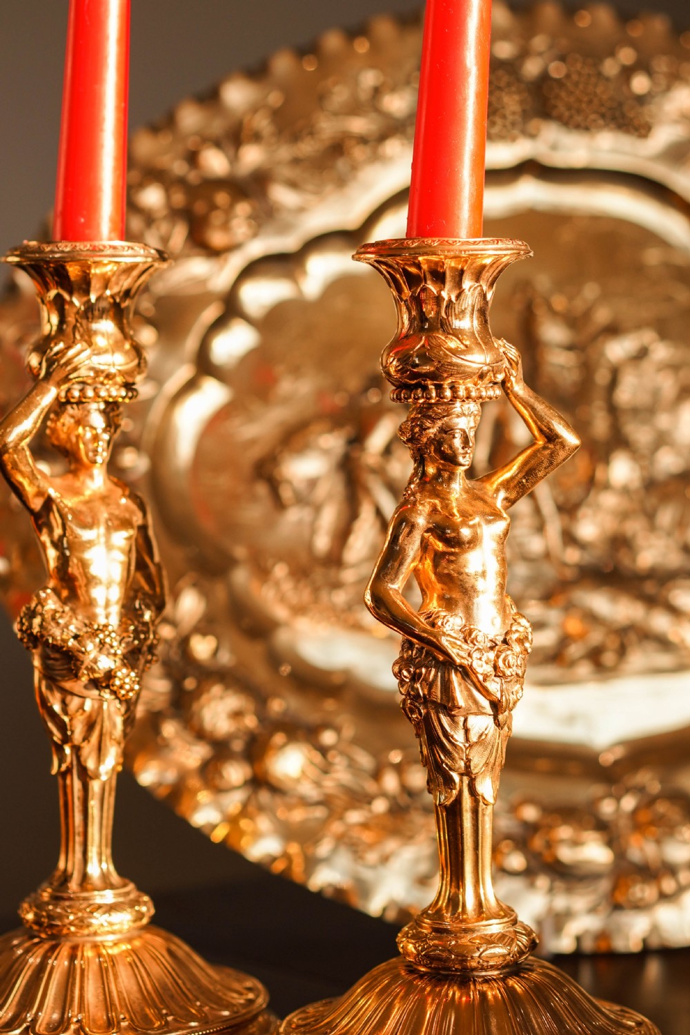 Antique Solid Silver Gilt Candlesticks Figural/Caryatid Design - J.C. Klinkosch c.1870 View III