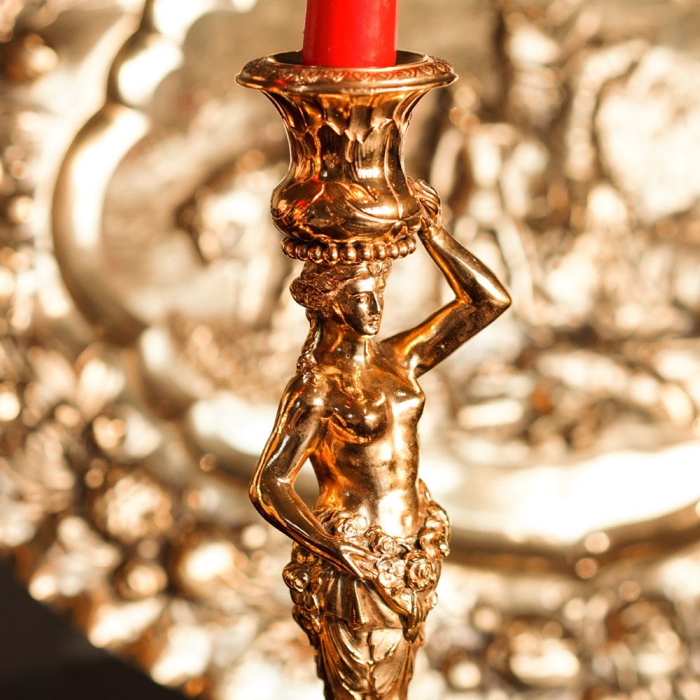 Antique Solid Silver Gilt Candlesticks Figural/Caryatid Design - J.C. Klinkosch c.1870 View V
