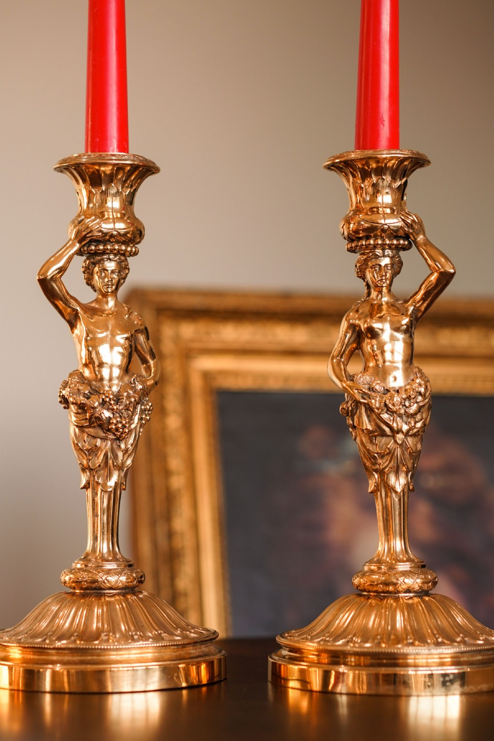 Antique Solid Silver Gilt Candlesticks Figural/Caryatid Design - J.C. Klinkosch c.1870