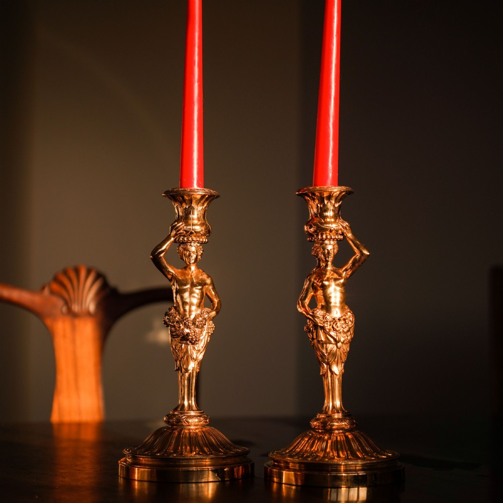 Antique Solid Silver Gilt Candlesticks Figural/Caryatid Design - J.C. Klinkosch c.1870 View VIII