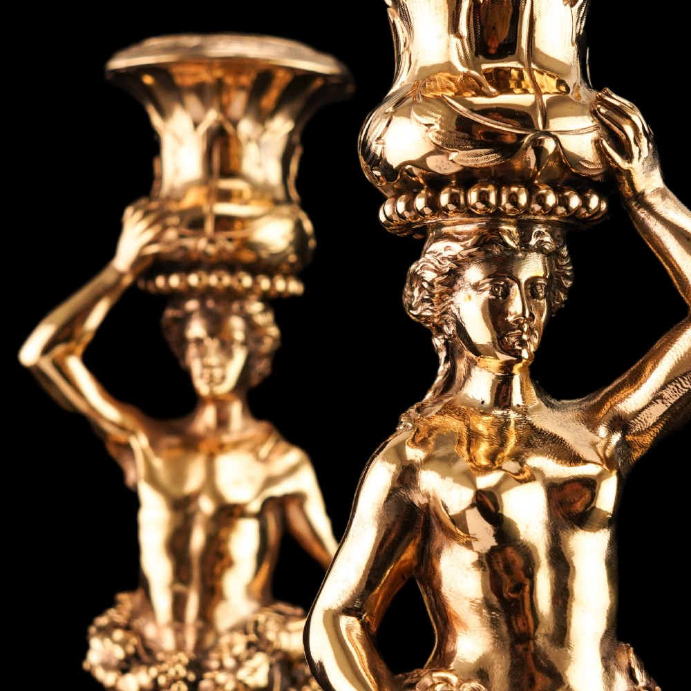 Antique Solid Silver Gilt Candlesticks Figural/Caryatid Design - J.C. Klinkosch c.1870 View XV
