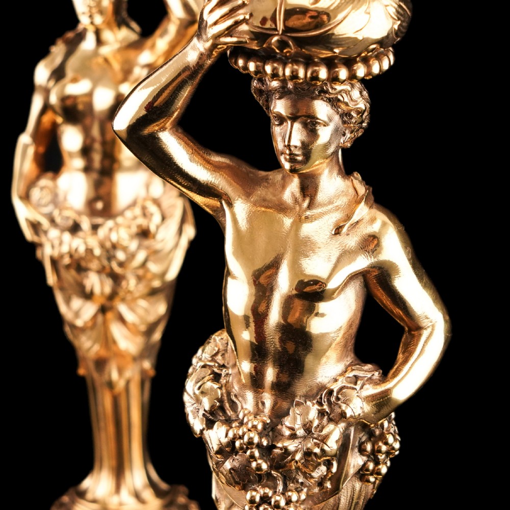 Antique Solid Silver Gilt Candlesticks Figural/Caryatid Design - J.C. Klinkosch c.1870 View XVII