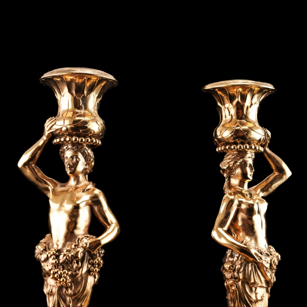Antique Solid Silver Gilt Candlesticks Figural/Caryatid Design - J.C. Klinkosch c.1870 View XXIII