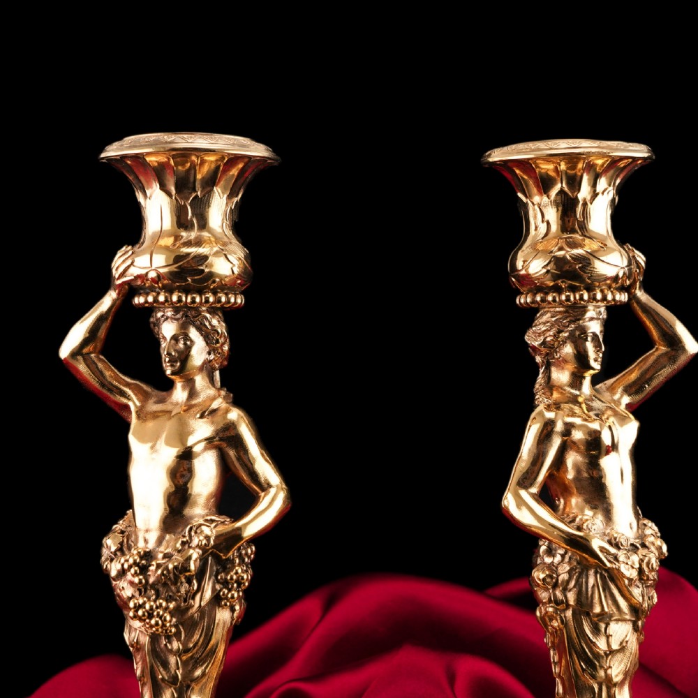 Antique Solid Silver Gilt Candlesticks Figural/Caryatid Design - J.C. Klinkosch c.1870 View XXIV