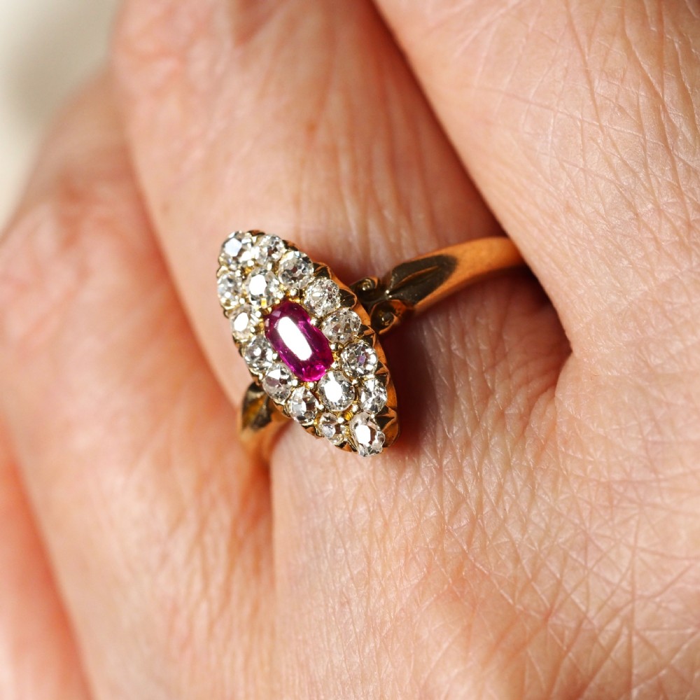 Antique Victorian Ruby & Diamond Ring 18ct Gold Cluster Navette Design - 1886 -- View VI