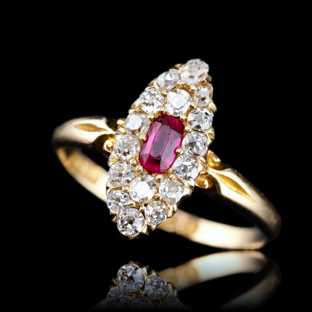 Antique Victorian Ruby & Diamond Ring 18ct Gold Cluster Navette Design - 1886 -- View X