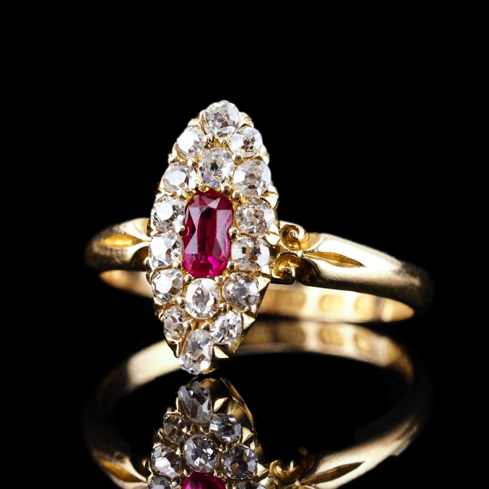 Antique Victorian Ruby & Diamond Ring 18ct Gold Cluster Navette Design - 1886 -- View XV