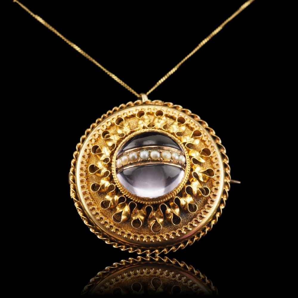 Spectacular Antique Victorian Etruscan Style 15ct Gold Rock Crystal Cabochon Pendant Necklace - c.1870 - View III