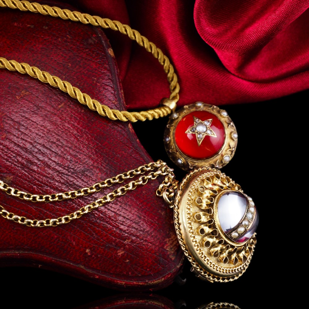 Spectacular Antique Victorian Etruscan Style 15ct Gold Rock Crystal Cabochon Pendant Necklace - c.1870 - View V