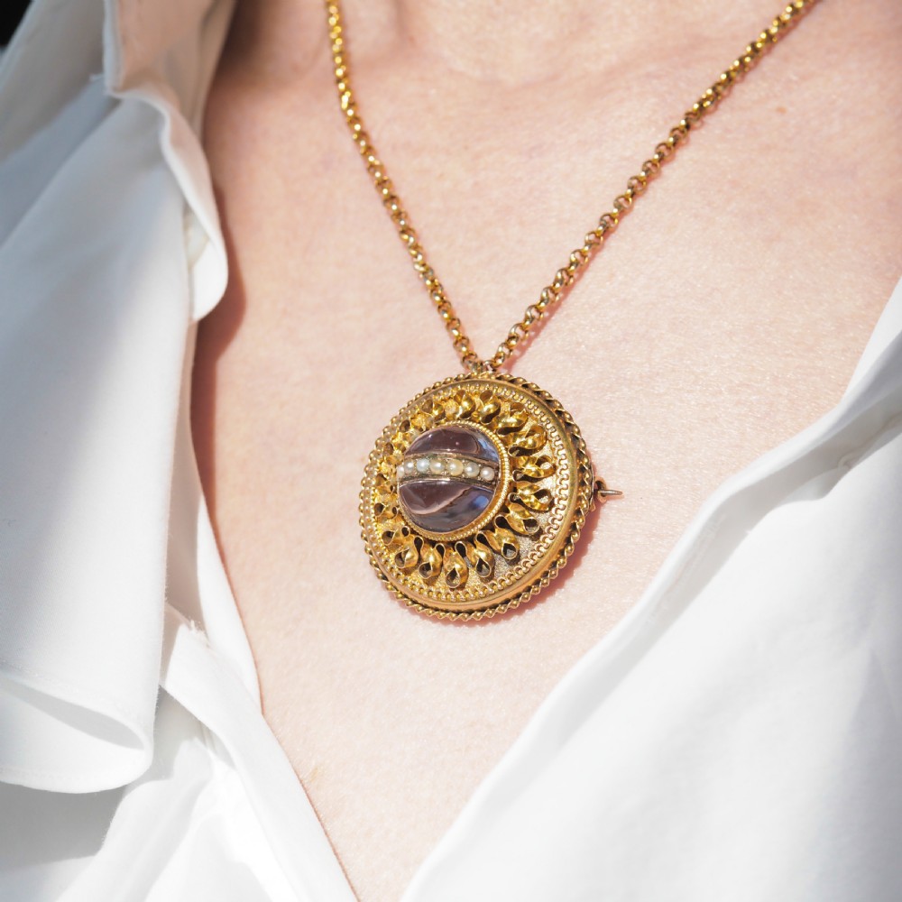 Spectacular Antique Victorian Etruscan Style 15ct Gold Rock Crystal Cabochon Pendant Necklace - c.1870 - View IX