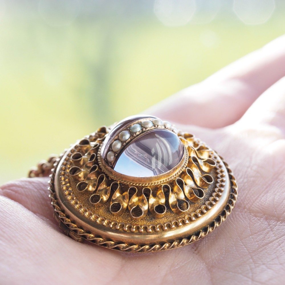 Spectacular Antique Victorian Etruscan Style 15ct Gold Rock Crystal Cabochon Pendant Necklace - c.1870 - View XII
