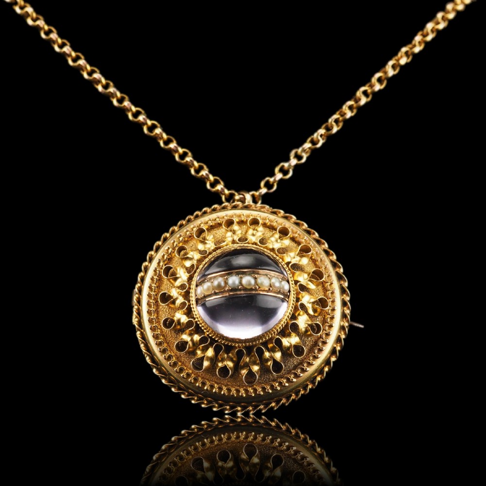 Spectacular Antique Victorian Etruscan Style 15ct Gold Rock Crystal Cabochon Pendant Necklace - c.1870 - View XIII