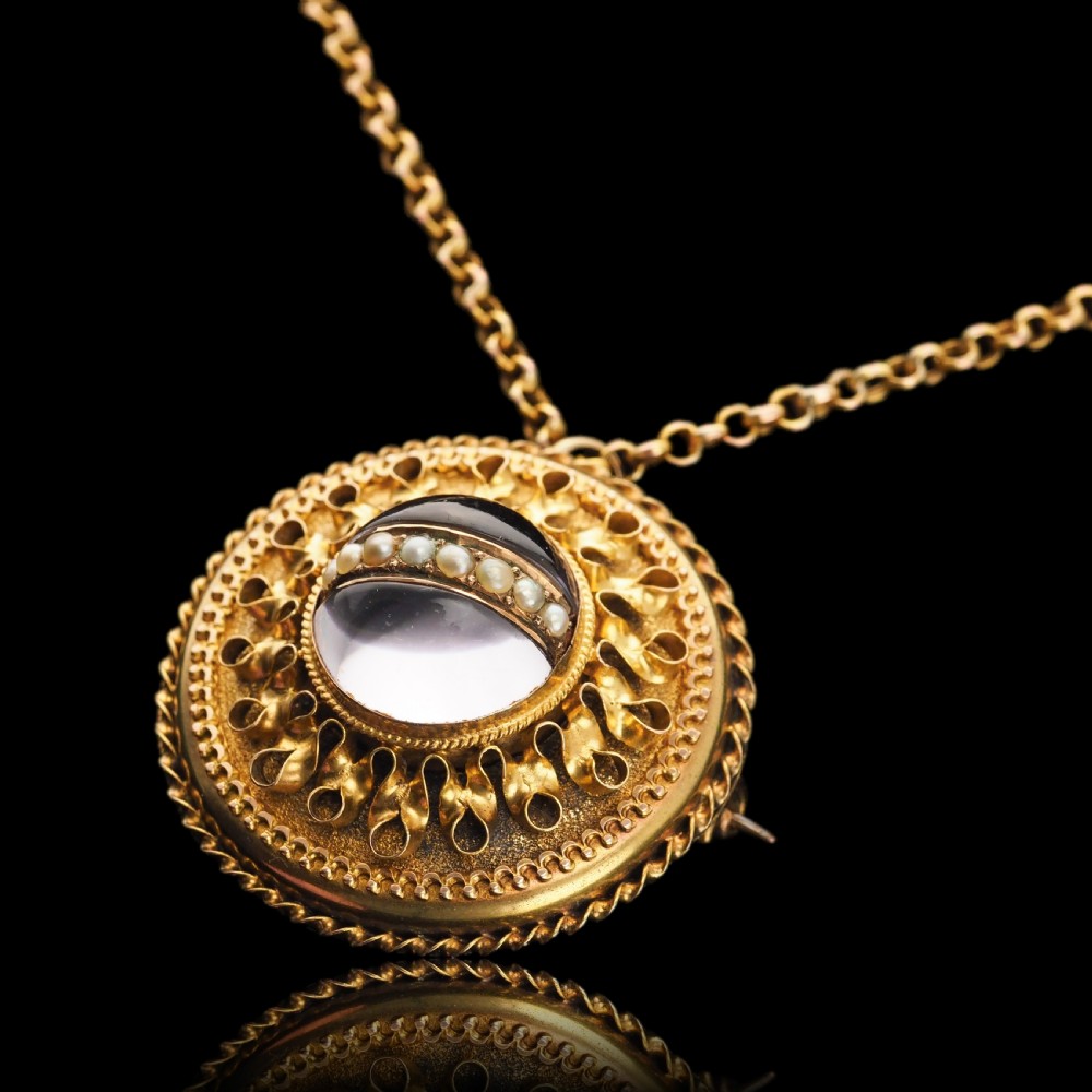 Spectacular Antique Victorian Etruscan Style 15ct Gold Rock Crystal Cabochon Pendant Necklace - c.1870 - View XV