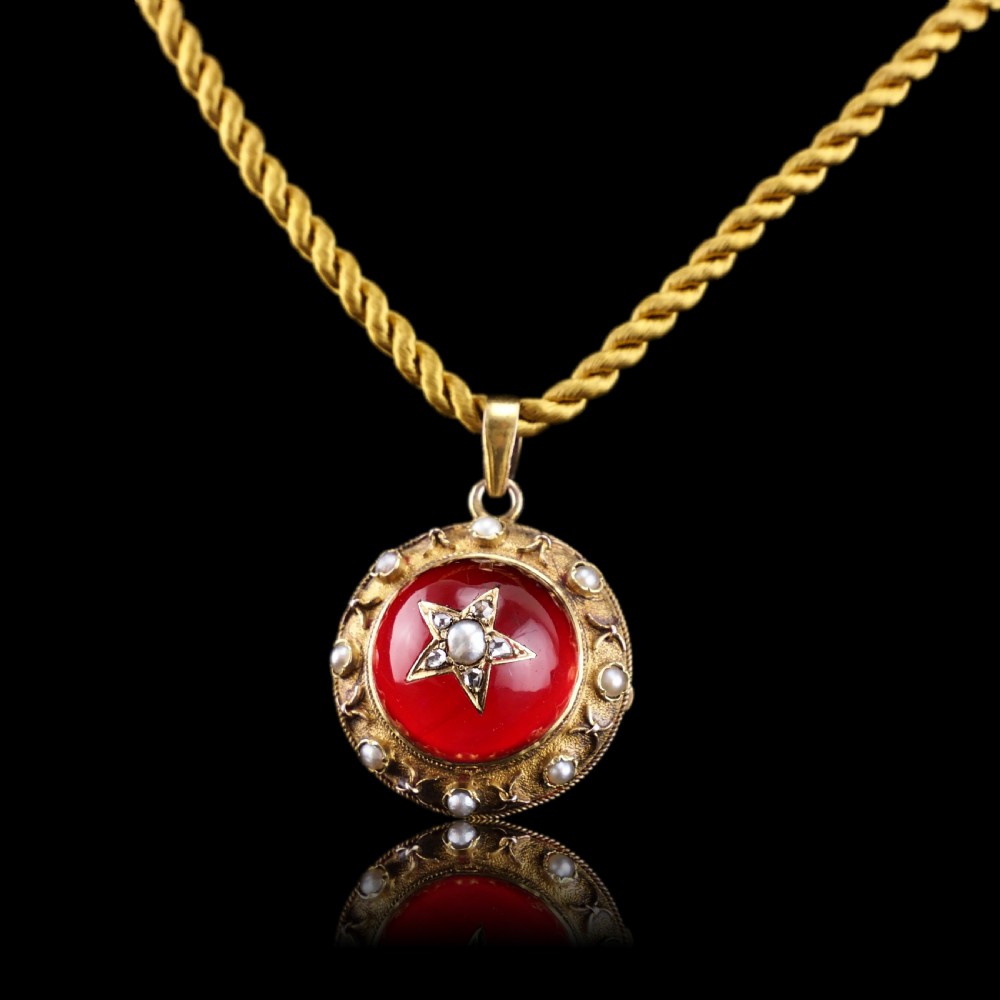 Antique Victorian Diamond & Pearl Star Necklace with Red Rock Crystal Cabochon 15ct Gold - c.1880 -- View VI