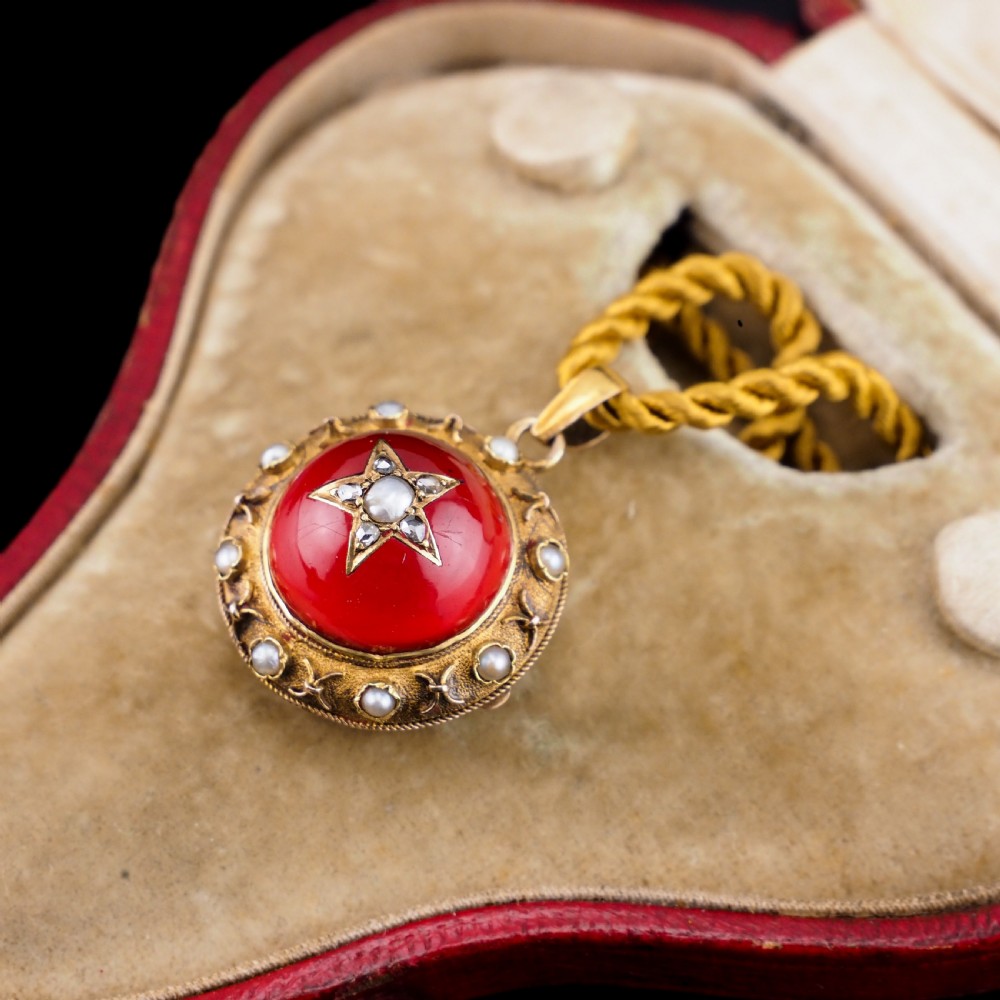 Antique Victorian Diamond & Pearl Star Necklace with Red Rock Crystal Cabochon 15ct Gold - c.1880 -- View VII