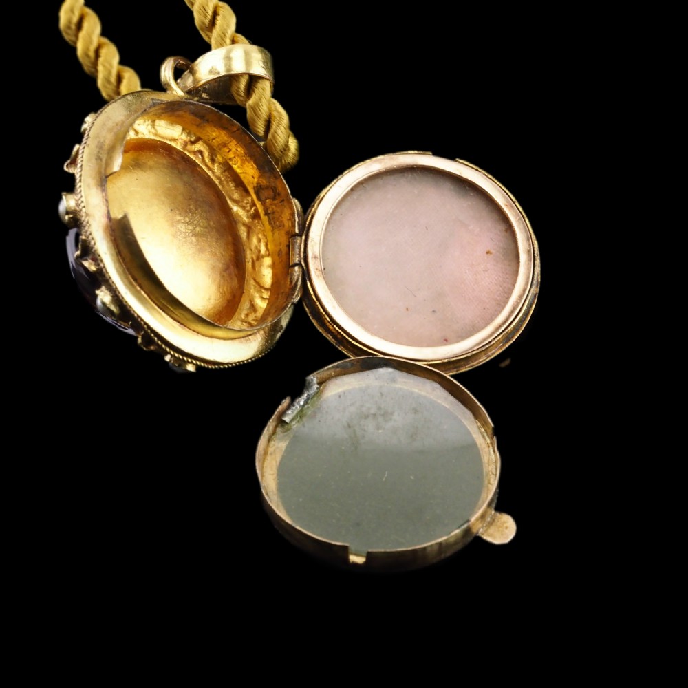 Antique Victorian Diamond & Pearl Star Necklace with Red Rock Crystal Cabochon 15ct Gold - c.1880 -- View XV
